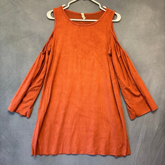 My Beloved Rust Cold Shoulder Dress M Suede Look Long Sleeve Boho Tunic - Picture 1 of 3